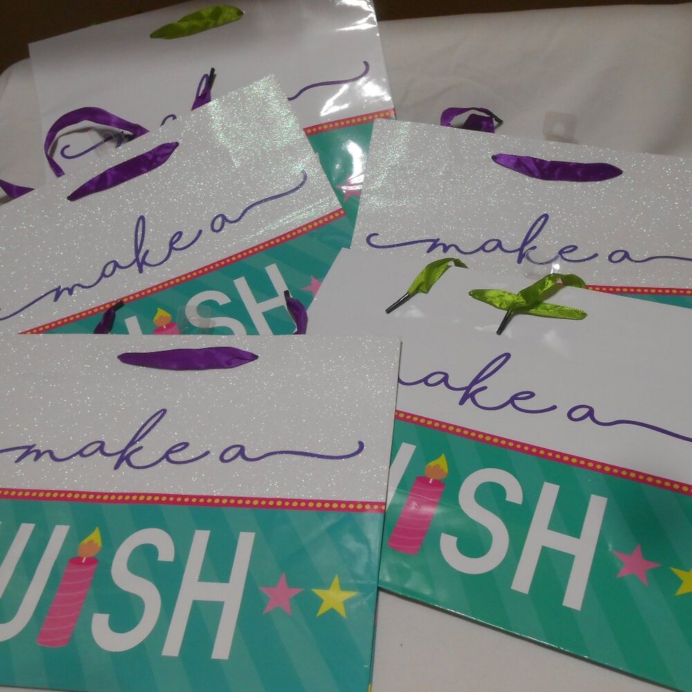 NEW LOT 5 VOILA GLITTER BIRTHDAY GIFT BAGS MAKE A WISH RIBBON HANDLES 🎁
